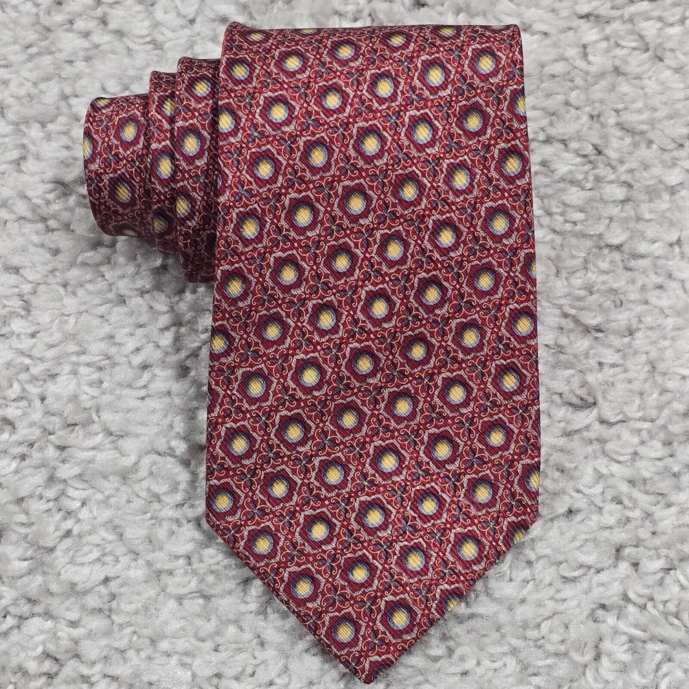 Hickey Freeman Tie Mens Red Silk Geometric Medallion Made in Italy Professional